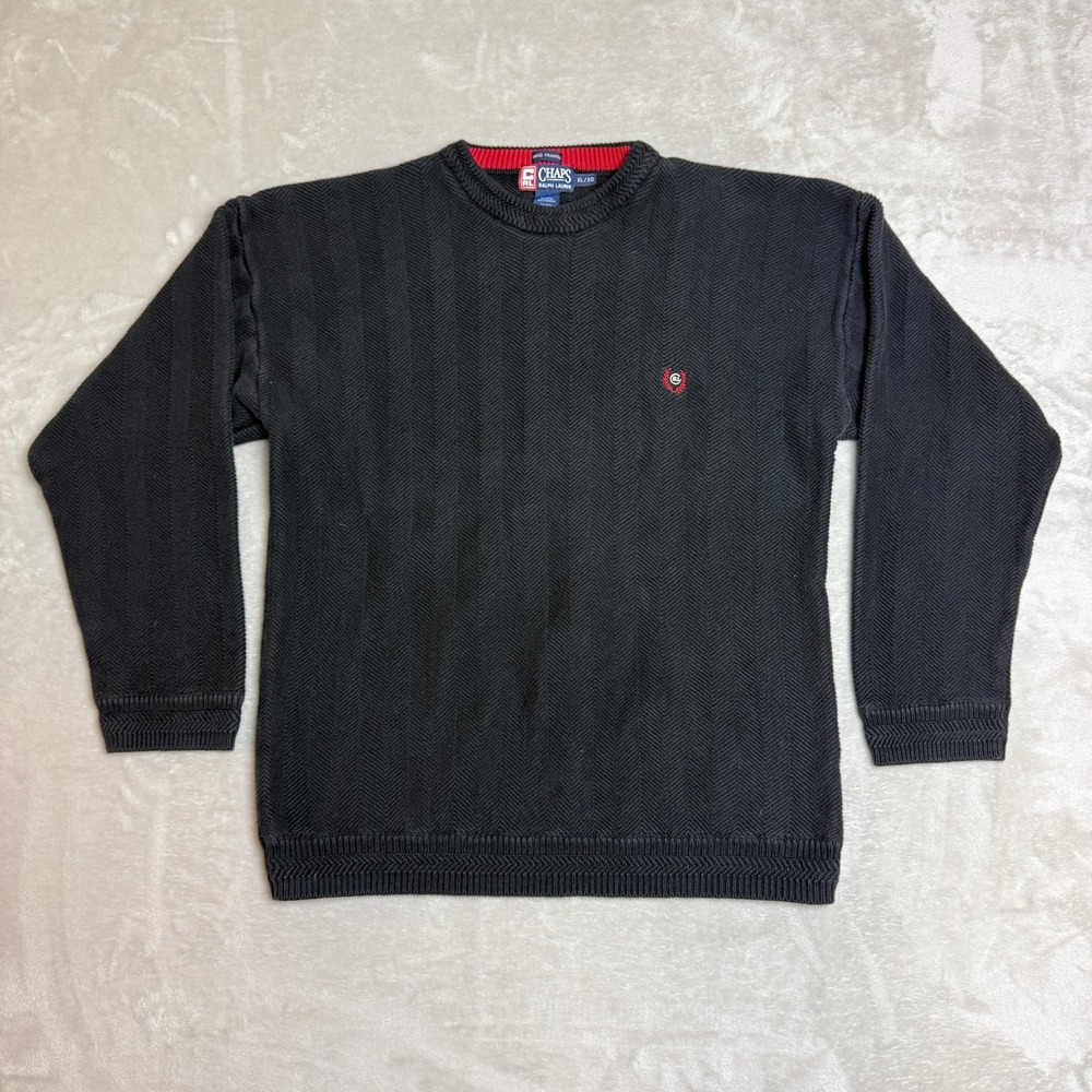 VTG 90s Chaps Ralph Lauren Herringbone Sweater Men XL (Fit M) Black Crest Preppy